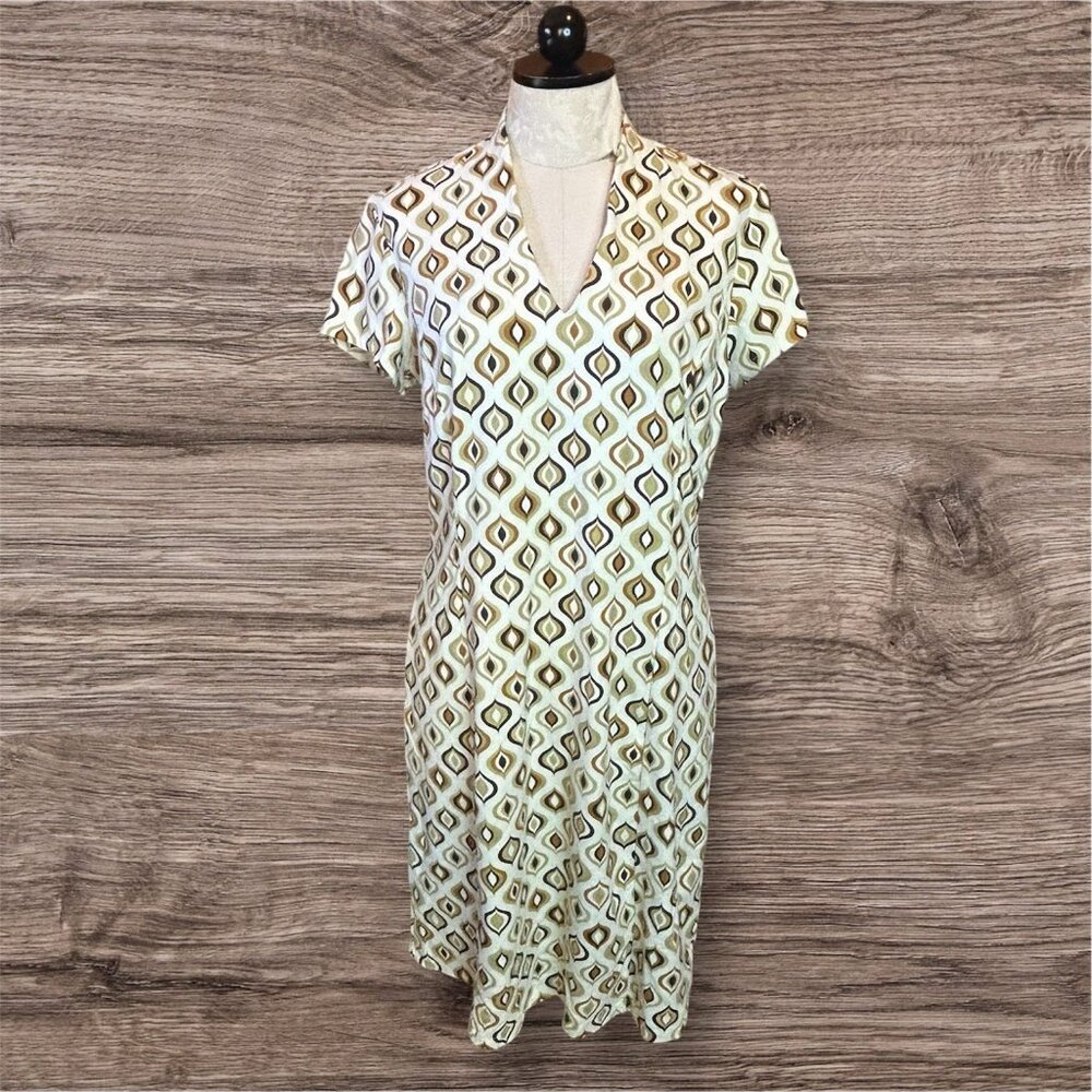 J.McLaughlin 70's Retro Vtg Look V-Neck Stretch Dress Short Sleeve Shift Dress L